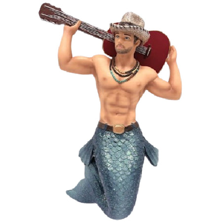 Merman ornament holding a guitar behind his head.  straw hat and belt