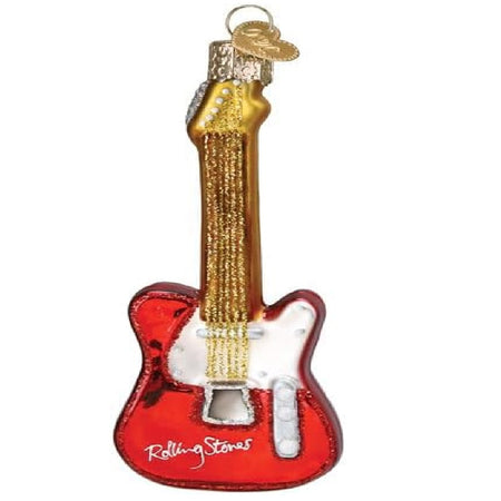 blown glass red guitar ornament with the rolling stones signature on it.