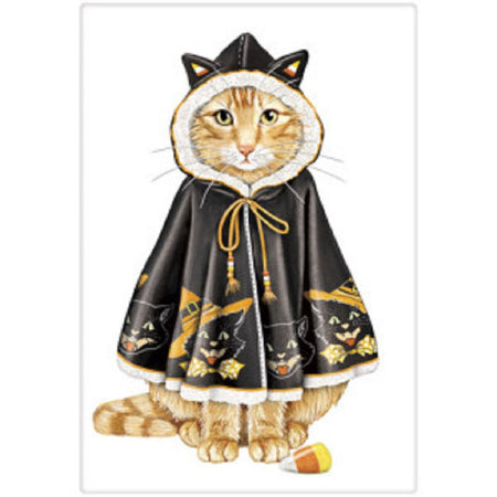 Flour sack towel with orange cat wearing black cape with hood and vintage inspired cat face pattern.