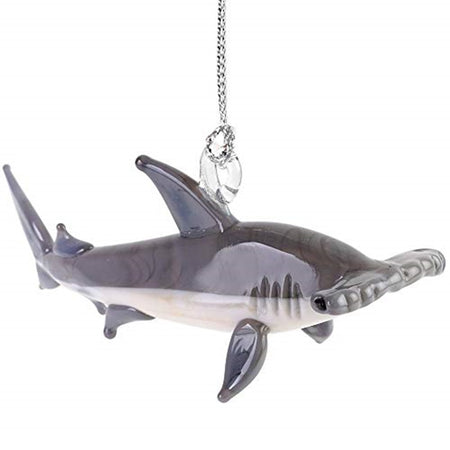 hanging ornament shaped like a Hammerhead shark. top half in grey with white underbelly.