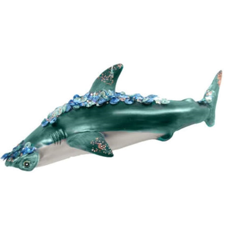 blown glass hammer head shark ornament, teal with sequin and glitter accents.