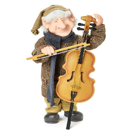 Hansel is in a brown tweed coat, grey scarf and is playing the cello.