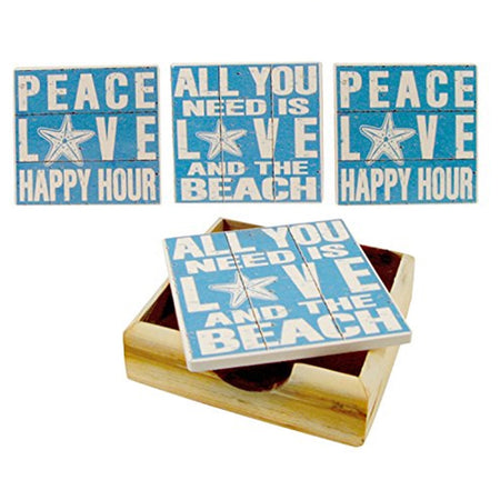 4 square coasters in a square wood holder. The coasters are light blue with white text Peace Love Happy Hour on 2 and All you Need is Love and the Beach on 2