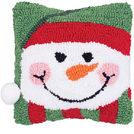 square hooked pillow in green with a snowman face and pompon attached