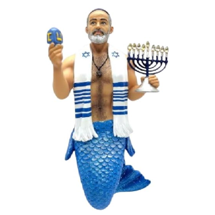 Mermaid figure with Israeli flag colors holding a menorah and a dreidel on a white background