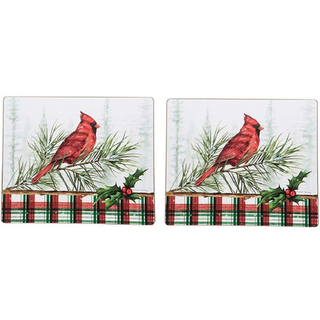 Two Christmas-themed placemats with red cardinals and plaid borders on a white background.