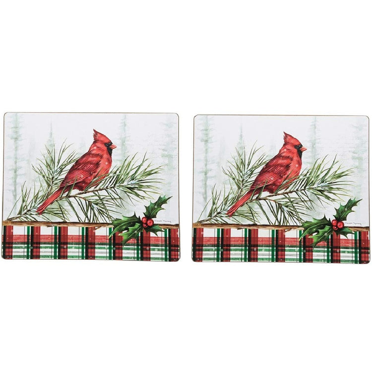 Two Christmas-themed placemats with red cardinals and plaid borders on a white background.