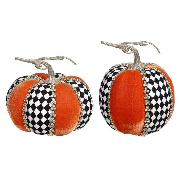 Mark Roberts Harlequin Pumpkin Figurines set of 2 in black and white with ribbon and glitter accents, approximately 6 inches tall, decorative collectible pumpkins.