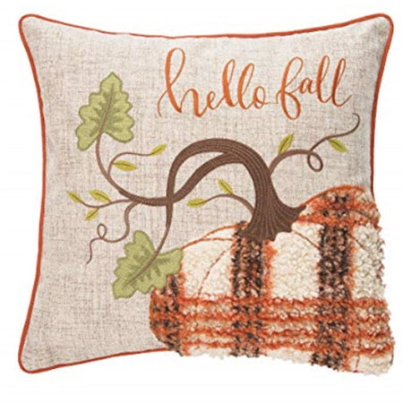 square pillow in tan linen with orange piping and matching text that says "hello fall". The design is a pumpkin with the pumpkin body in textured fabric