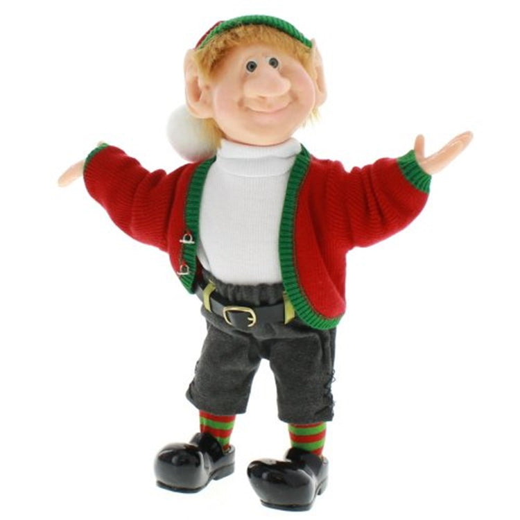 Standing elf figure wearing black shows, green and red striped socks, black shorts and belt, white turtleneck and red swearter with green trim and matching hat. He is standing with his arms out.