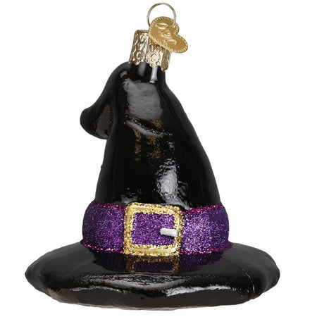 Blown glass witch hat ornament, black with a purple band and gold buckle.