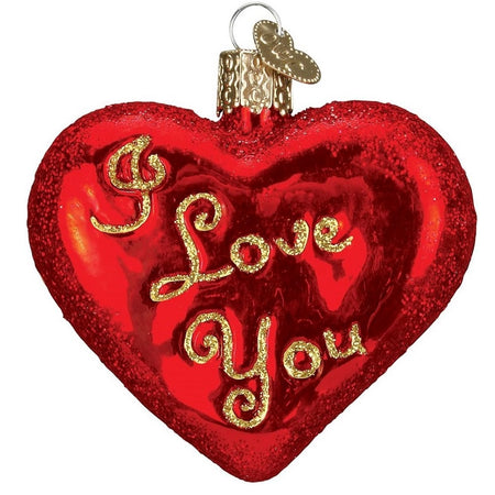 blown glass ornament, red heart with the words "i love you" on it.