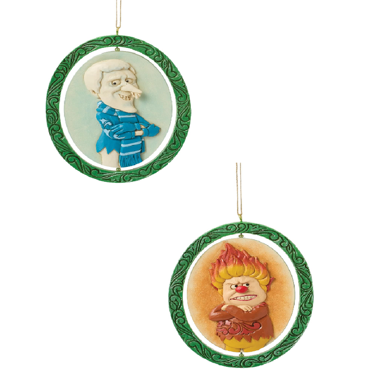 Oval hanging ornament, one side shows Snow Miser, the other, Heat Miser, center spins, to display both characters.