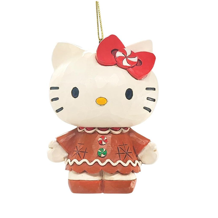 Hanging ornament depicting Hello Kitty in a Gingerbread dress and bow.
