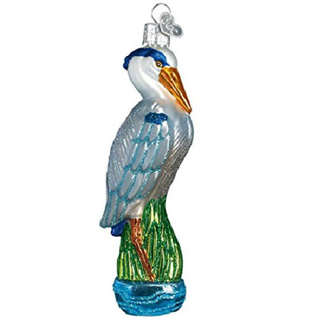 Hanging ornament shaped like a heron in blue with green and glitter accent