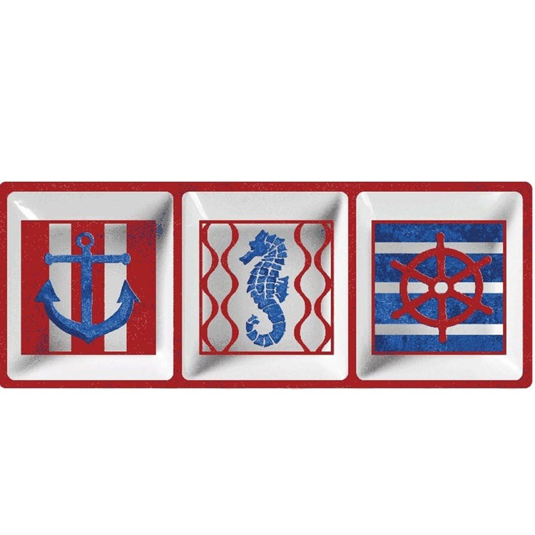 3 section rectangle tray in blue, red and white. One has an anchor, one a seahorse and one a ships wheel.