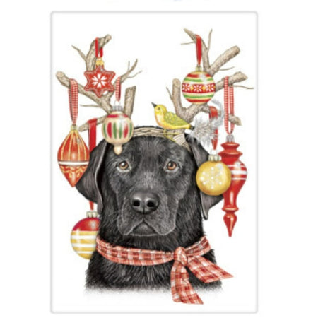 Mary Lake-Thompson Lab Holiday Antlers Flour Sack Towel, 30" x 30", black lab design in lower center