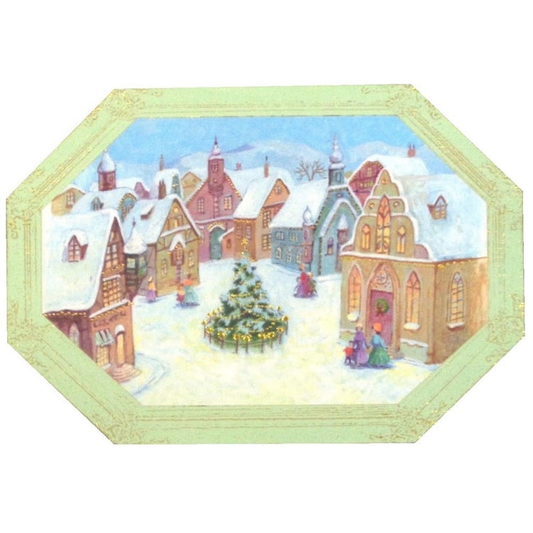 Holiday card depicting a village in winter, wit a christmas tree in the middle of town, edges of card are made to look like a frame.