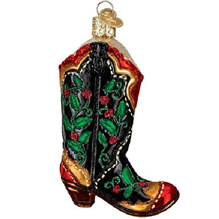 Ornament shaped like a cowboy boot decorated in holly berry vines 