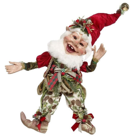 bearded elf in red stocking cap, wearing pants with a pinecone pattern.