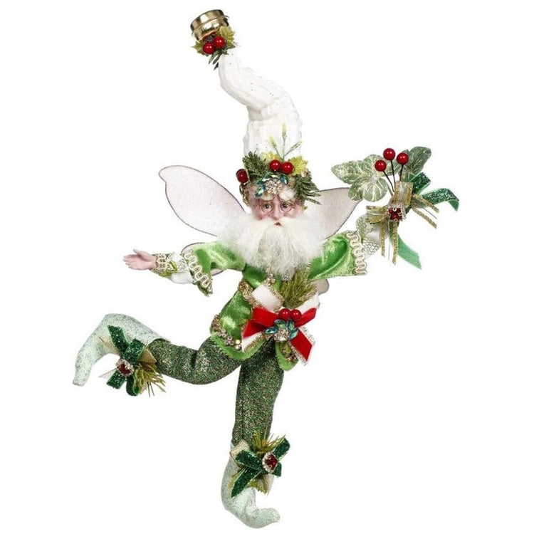 bearded fairy wearing green suit, white stocking cap with jingle bell on the end, holding holly and ivy.