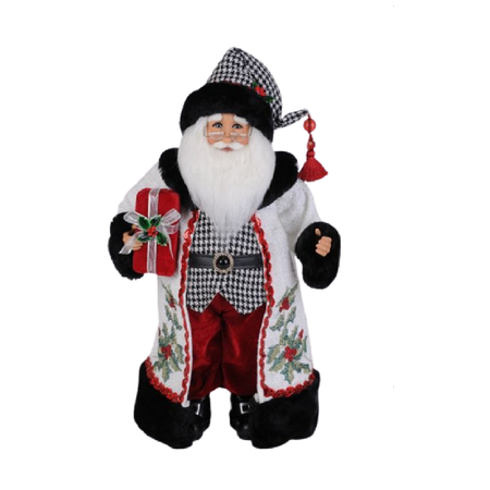 Santa figurine wearing houndstooth vest and matching hat, long white coat with black fur trim and holly berry design.