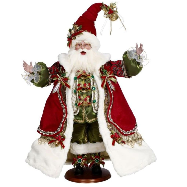 Santa in green suit, long red and white fur coat, with matching stocking cap.