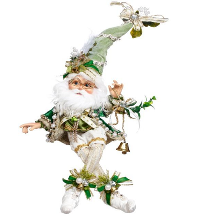 bearded elf in outfit made of shades of green, with pearl and bead accents.