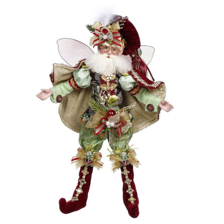 bearded fairy in red long hat, and boots, gold and red cape and a green suit.