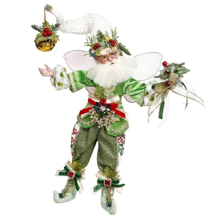 bearded fairy in green outfit adorned with holly and ivy, a white stocking cap with large jingle bell on the end.