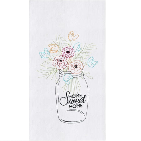 White kitchen towel with embroidered design of a far of flowers and the jar says home sweet home