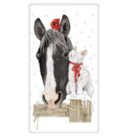 White towel with black and white horse with a red cardinal on his head eating hat and looking over a wood fence.  White cat with red bow sitting on fence post nuzzling the horse.