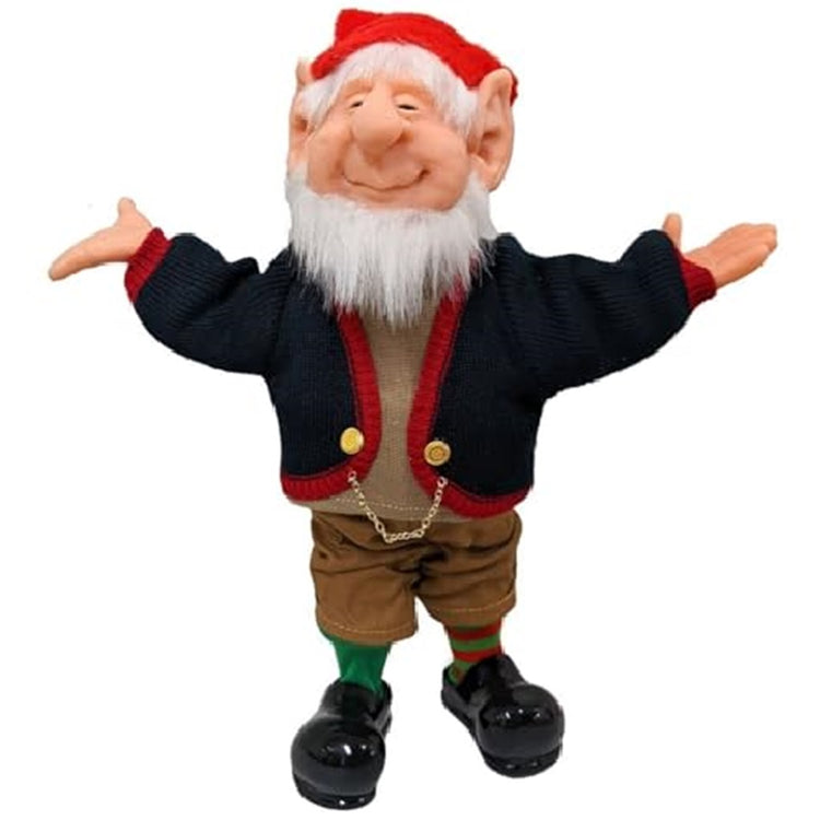 standing elf with his hands out. He wears brown shorts, blue sweater with red trim and a sants hat. His socks do not match, one is green and one is red and green striped.