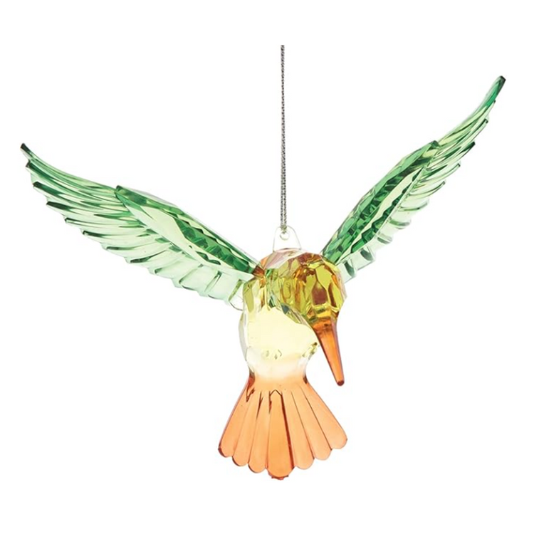 Crystal hummingbird ornament in yellow, green, and orange with sparkling finish, hanging decorative accent for year-round nature-inspired décor