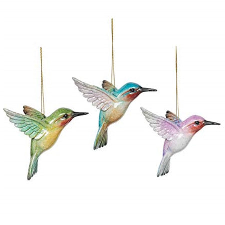 3 duplicate shaped hummingbird ornaments on gold chord. They hummingbirds are flying and are painted in coordinating pastel colors.
