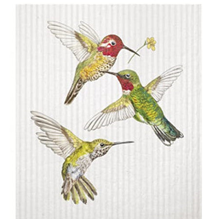 2 duplicate ribbed sponge clothes with 3 flying hummingbirds in yellow and green. 2 have red on their head and 1 is carrying a flower