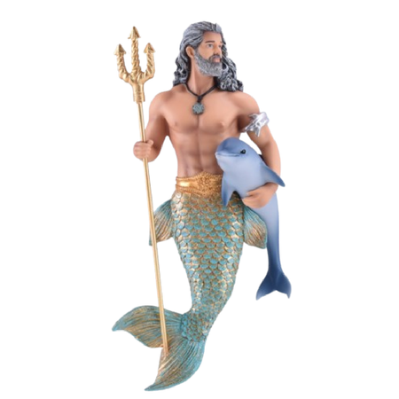 Merman with long curly grey hair, holding a trident in one hand and a small dolphin in the other.