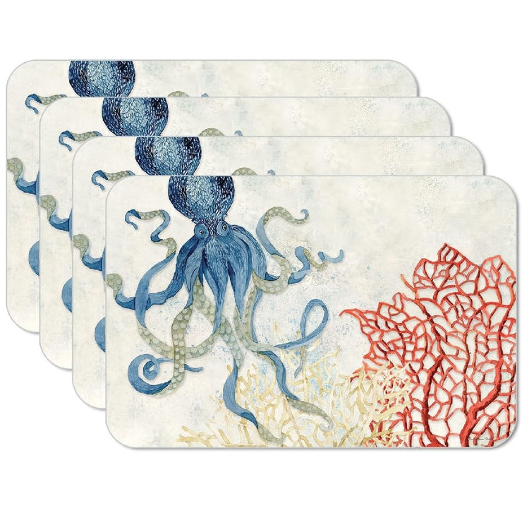 4 reversible plastic placemats, tan with a blue octopus and red coral design.