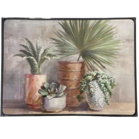 Rectangle shaped hardboard placemat with 4 vases containing succulents