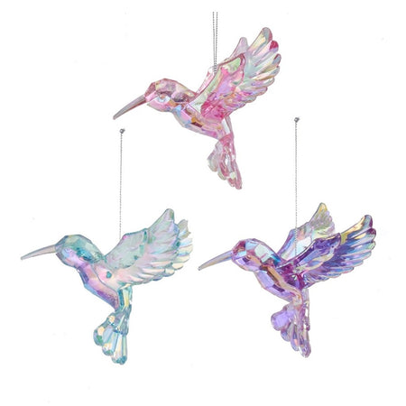 3 acrylic hummingbird ornaments, iridescent colors, one is pink, one teal and one is purple.