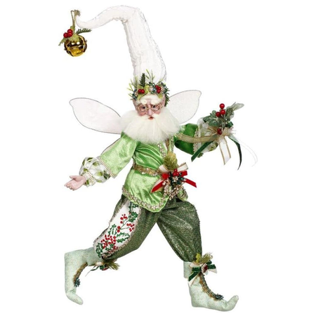 bearded fairy wearing green outfit with holly pattern on pants, white stocking cap with jingle bell, all adorned with sprigs of holly and ivy.