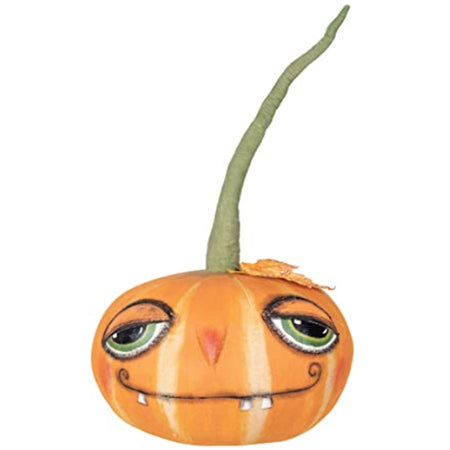 Pumpkin stuffed figured with a very long green stem, large eyes, dranw on nose and smile with 3 teeth