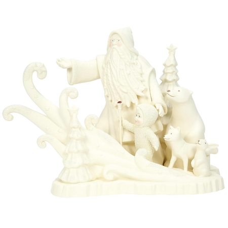 White ceramic sculpture of a Santa Claus figure with forest friends on a white background