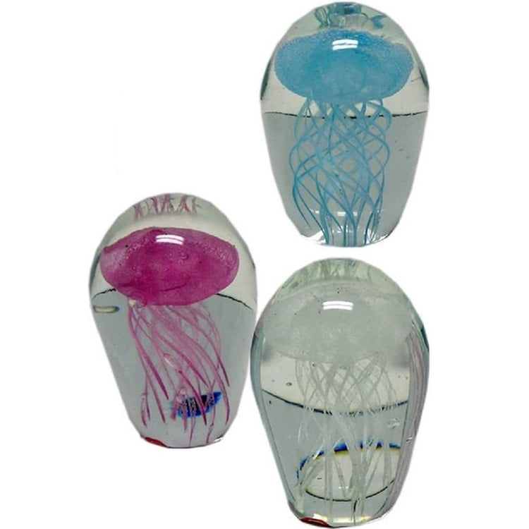 Set of three glow in the dark jellyfish blown glass paperweights