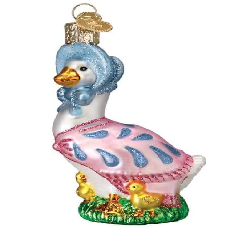 Blown glass orament, Jemima Puddle-Duck, white duck with blue bonnet and pink dress.