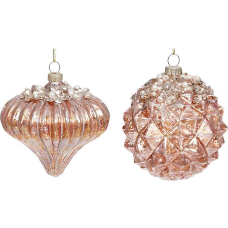 2 hanging ornaments with crystals and pearl like decoration at the top. Both a goldish color one shaped like an onion and one round textured.