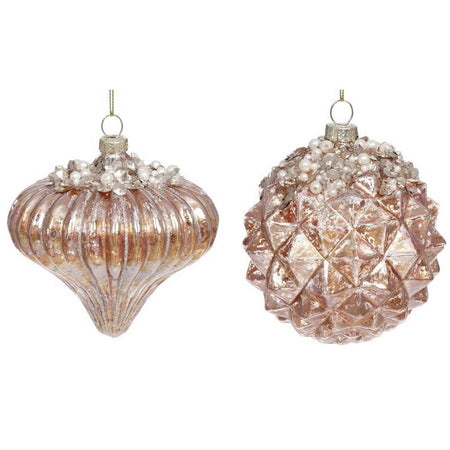2 blown glass ornaments, one is onion shaped and has pearl bead and sequin accents at the top, the other is round with a spiked design and the same pearl and bead accents at the top.