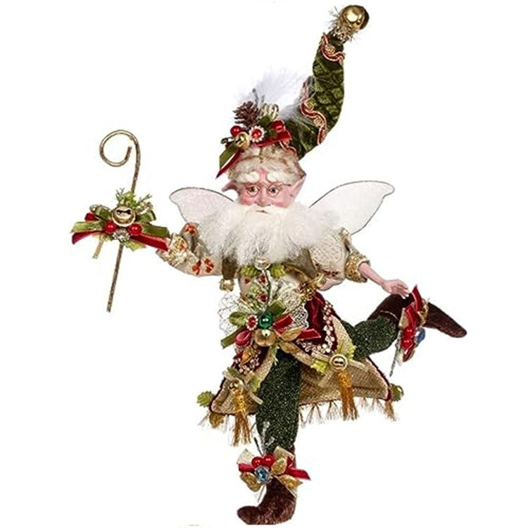 Fairy figure in green pants and gold jacket and booties.  Wings, bells and bows. He is holding a staff