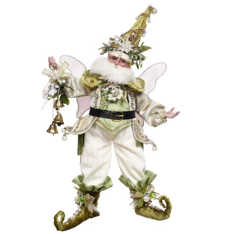 Decorative fairy figurine with green and white attire on a white background