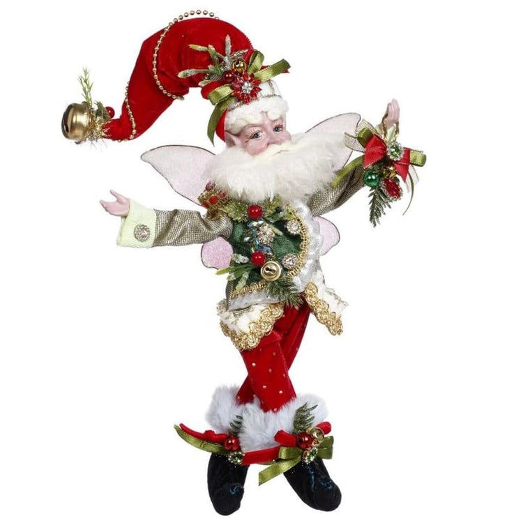 bearded fairy in green jacket, red pants and hat, everything adorned with jingle bells